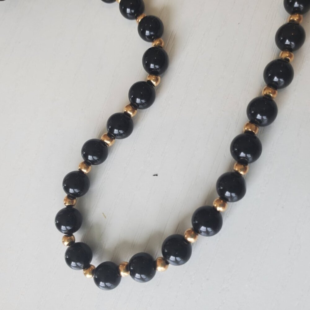 VICTORIAN BLACK ONYX &14K Yellow GOLD Beaded STRAND Necklace Antique f/ 1800's - Picture 8 of 8